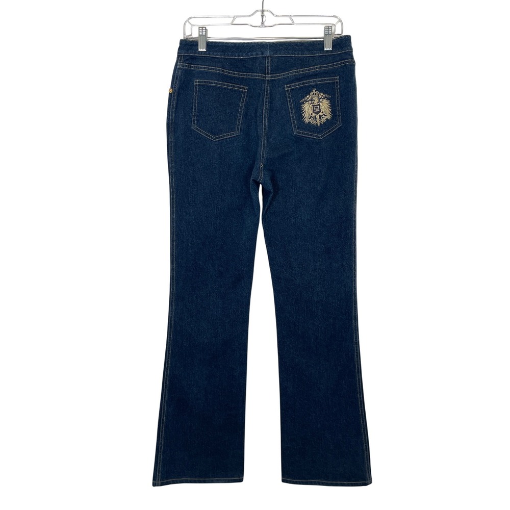 St‎ John Collection Jeans Dark Wash Gold Embroidered Crest Flare Luxury Size 6
